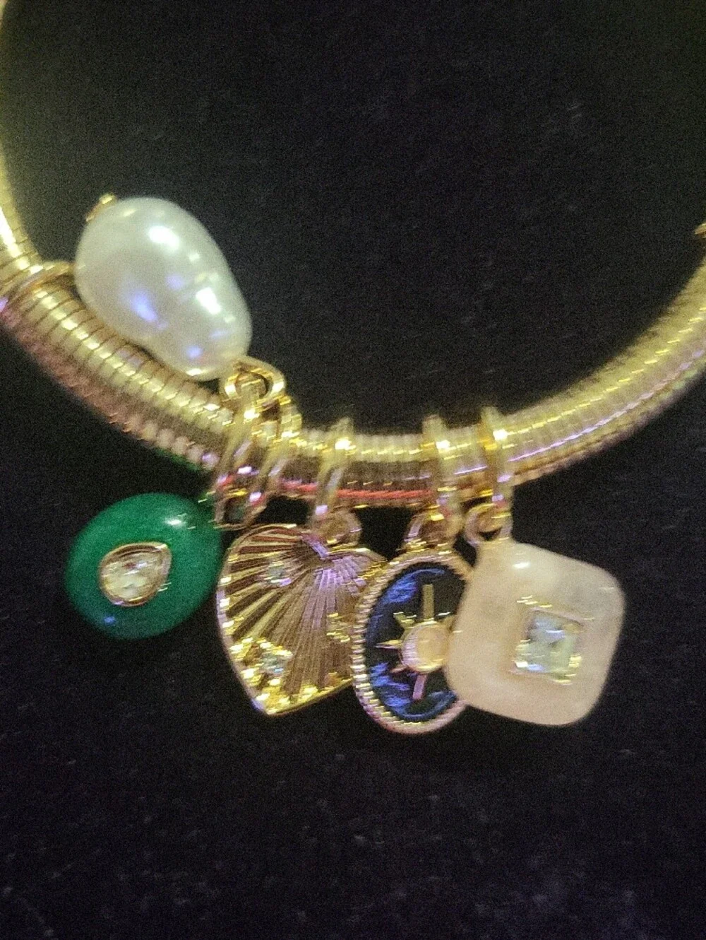 Gold Charm Bangle Bracelet with Green Enamel and Pearl Accents
